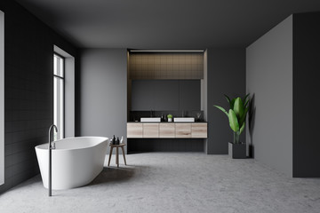 Gray bathroom interior, tub and sink