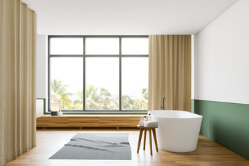 Fototapeta na wymiar Side view of white and green bathroom with tub