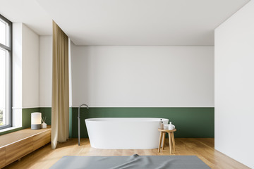 White and green bathroom interior with tub