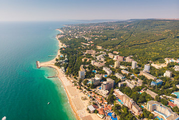 Panoramic view on Varna beach on Black sea in Bulgaria. 2019 - obrazy, fototapety, plakaty