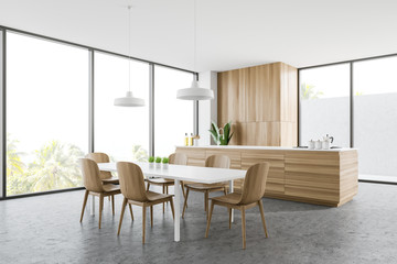 Panoramic white kitchen, countertop and table