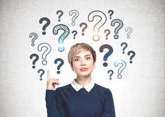 Woman pointing up, question marks