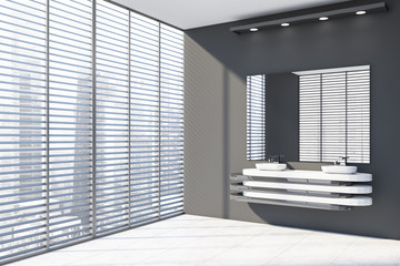 Gray bathroom corner, double sink and blinds