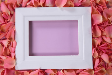 Empty photo frame surrounded by pink rose petals 
