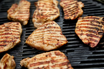 Grilled turkey meat. Steak turkey grill on on huge gas grill . Picnic. Summer. Top view. Flat lay. Copy space.