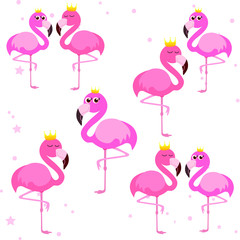 Cute flamingo, golden crown, vector illustration