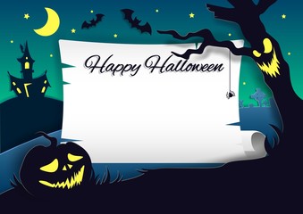 Happy Halloween party invitation, vector paper cut illustration
