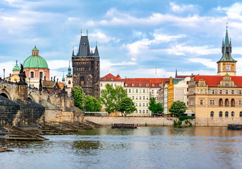 Fototapeta na wymiar Prague medieval architecture and Charles bridge over Vltava river, Czech Republic