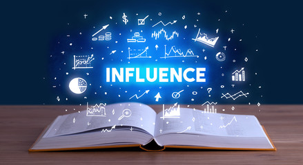 INFLUENCE inscription coming out from an open book, business concept