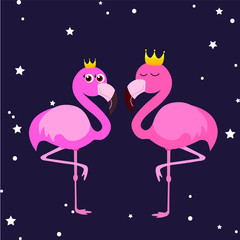 Cute flamingo, golden crown, vector illustration