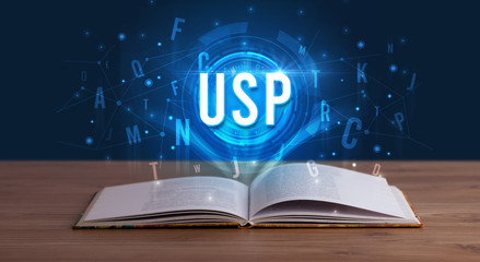 USP inscription coming out from an open book, digital technology concept