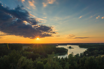Sunset over the Jedzelewo lake in Stare Juchy, Masuria, Poland