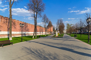 Park at the wall of the Tula Kremlin, Russia.