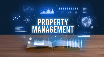PROPERTY MANAGEMENT inscription coming out from an open book, creative business concept