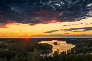 Sunset over the Jedzelewo lake in Stare Juchy, Masuria, Poland