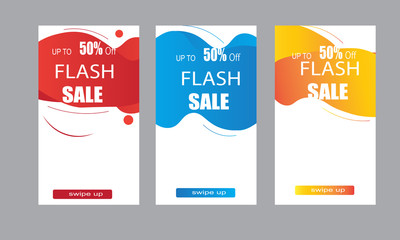 Set of flash sale banners with dynamic modern liquid mobile concept. special offer and sale banner discount up to 50% template design vector.
