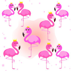 Cute flamingo, golden crown, vector illustration
