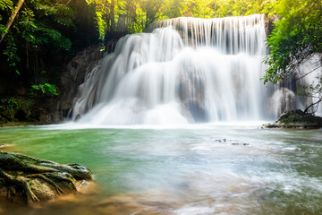 Huai Mae Khamin Waterfalls in Tropical Rainforest at Kanchanaburi Province, Thailand