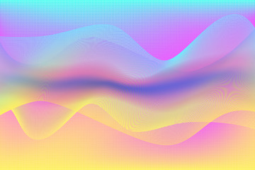 Abstract holographic vibrant colors background with dotted halftone and wavy elements. Neon colors bright illustration for banner, poster design, wallpaper decor
