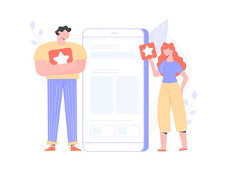 Users give feedback to the mobile application. Rating service. A guy and a girl are standing next to a big phone. Vector illustration.
