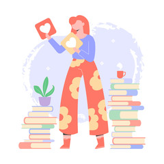 Reading fan girl. Evaluates books, writes reviews, participates in reading challenges. Character surrounded by piles of books. Vector illustration.