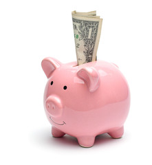 Pink piggy bank and dollar bill isolated on a white background