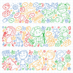 Painted by hand style pattern on the theme of childhood. Vector illustration for children design. Colorful drawing by pen on squared notebook