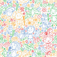 Seamless painted by hand style pattern on the theme of childhood. Vector illustration for children design.