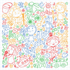 Painted by hand style pattern on the theme of childhood. Vector illustration for children design. Colorful drawing by pen on squared notebook
