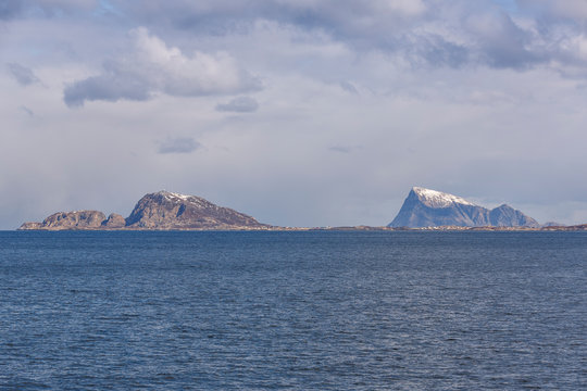 Sommaroya and Hillesoya Island in the Norwegian Sea, with Mount Haja in the back, Troms, Norway