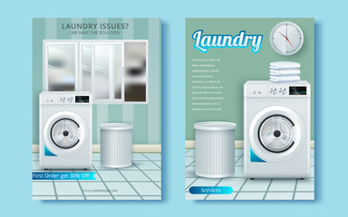 Washing machine on abstract vector flyer. Brochure design template