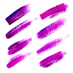 Set of hand drawn abstract  purple brush paint texture design acrylic strokes isolated on white background for your design. Element can be used like backdrop for text, makeup, sample, lipstick, nail p