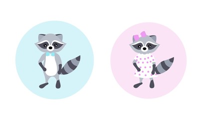 Obraz premium Set of vector illustrations with cute raccoons. Children's illustration. Boy and girl. Posters to the nursery. Design element for children's textiles, notebooks, posters, cards and other uses.