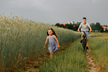 Naklejka na ściany i meble brother and sister ride a bike along a wheat field