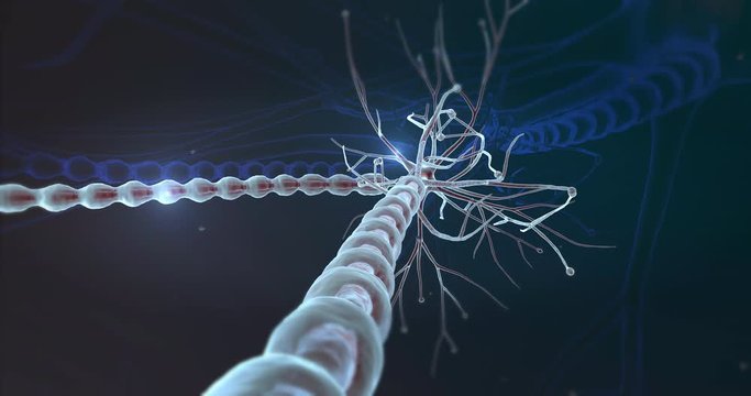 Slow motion macro of micro hi tech neurons cells impulse transferring process is analyzed with microscope for biochemistry and dna research in futuristic scientific laboratory.