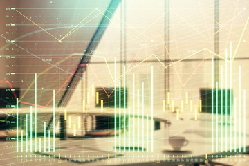 Double exposure of forex chart on conference room background. Concept of stock market analysis