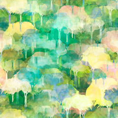 Watercolor seamless pattern with vintage pattern. Silhouette of a tree, bush, forest. Beautiful, fashionable pattern for wallpaper, fabrics, design.  green, yellow autumn trees.