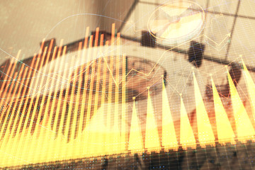 Double exposure of forex chart on conference room background. Concept of stock market analysis