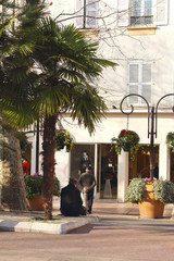 Seniors under palm trees in front of clothing store