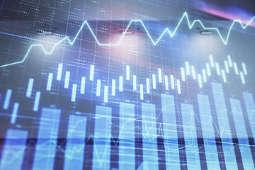 Double exposure of financial graph on empty room interior background. Forex market concept.