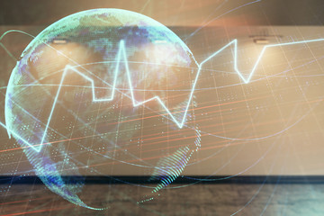 Double exposure of financial chart with world map on empty room interior background. International market concept.