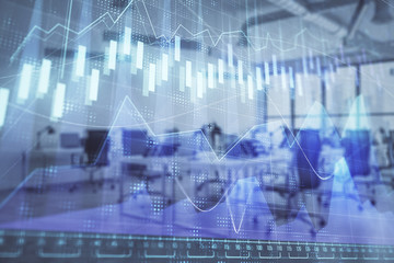 Obraz premium Stock and bond market graph with trading desk bank office interior on background. Multi exposure. Concept of financial analysis