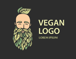 Eco nature logo. Hipster head with blooming beard with leafs on white background. Hand-Drawn Vector Illustration. Bearded man emblem for eco products.