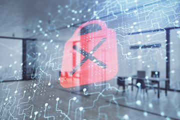 Lock icon drawing with office interior on background. Double exposure. Concept of data security