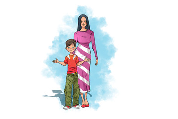 Woman in pink color and white striped suit. Boy with his hands spread