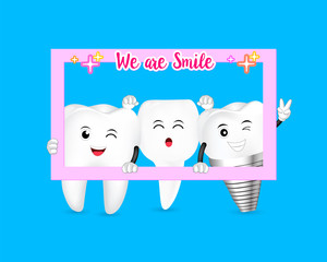 Photo frame with Tooth characters. Dental care concept. Illustration isolated on blue background.