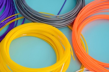 Plastic PLA and ABS filament material for printing on a 3D pen or printer of various colors