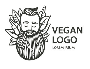 Eco nature logo. Hipster head with blooming beard with leafs on white background. Hand-Drawn Vector Illustration. Bearded man emblem for eco products.