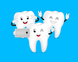 Cute cartoon tooth character taking selfie. take a photo with mobile phone. Dental care concept. Illustration isolated on blue background.