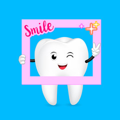Photo frame with Tooth characters. Dental care concept. Illustration isolated on blue background.